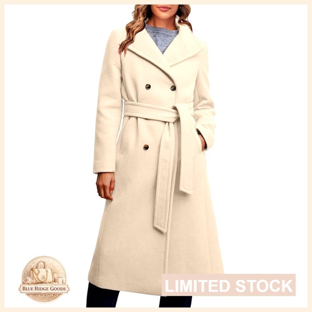 Double Breasted Wool Pea Coat Long Winter Overcoat Classic Elegant Office Wear
